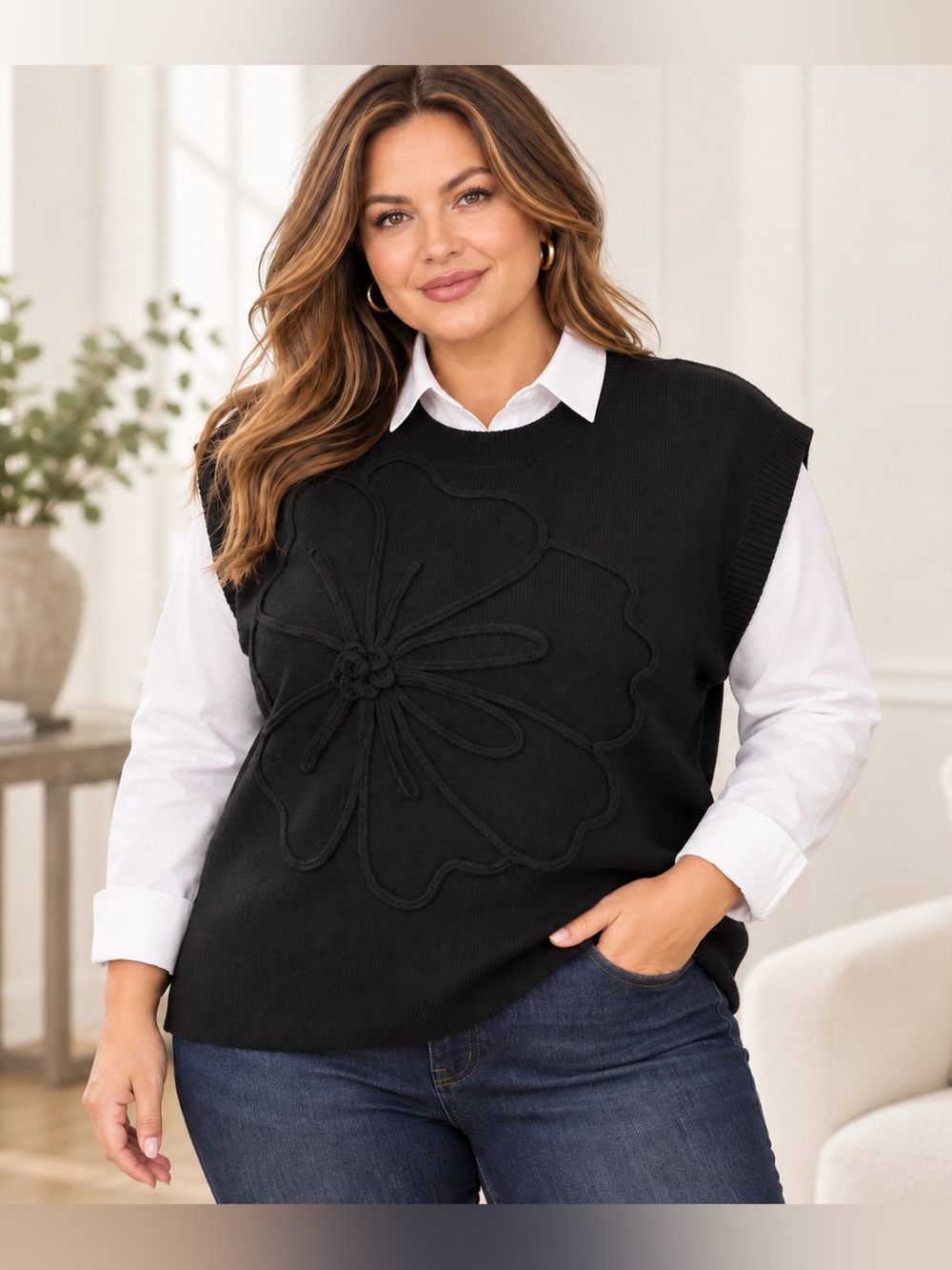 PrettyGarden Black Floral Applique Knit Sweater Top Size XXL